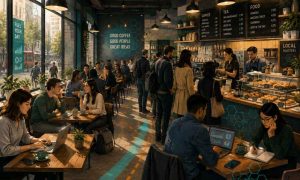 People working and chatting in a busy coffee shop